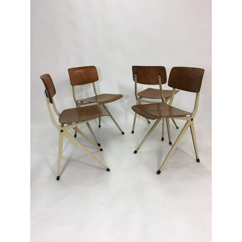 Set of 4 Industrial chairs in Steel & Wood by Marko - 1960s