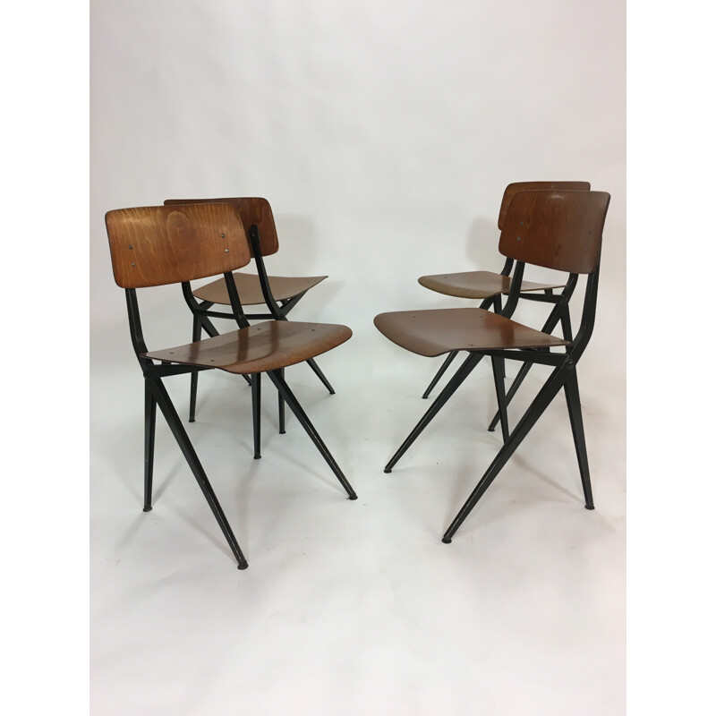 4 black industrial Chairs in steel & wood - 1960s