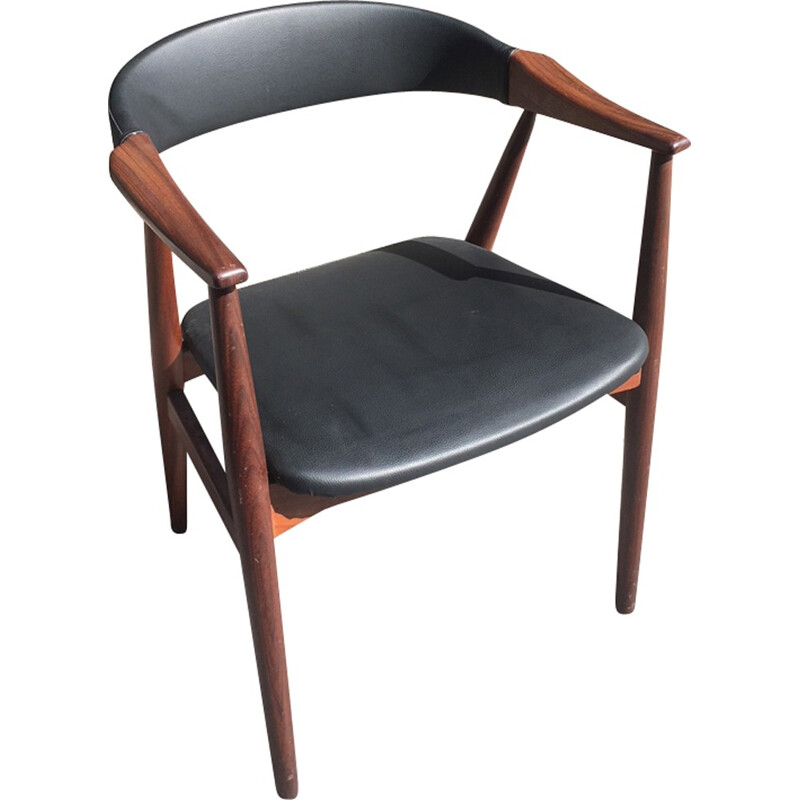 Vintage teak and black leather desk chair - 1970s