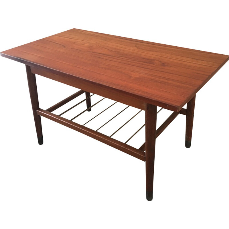 Vintage teak coffee table with shelf brass rods - 1960s