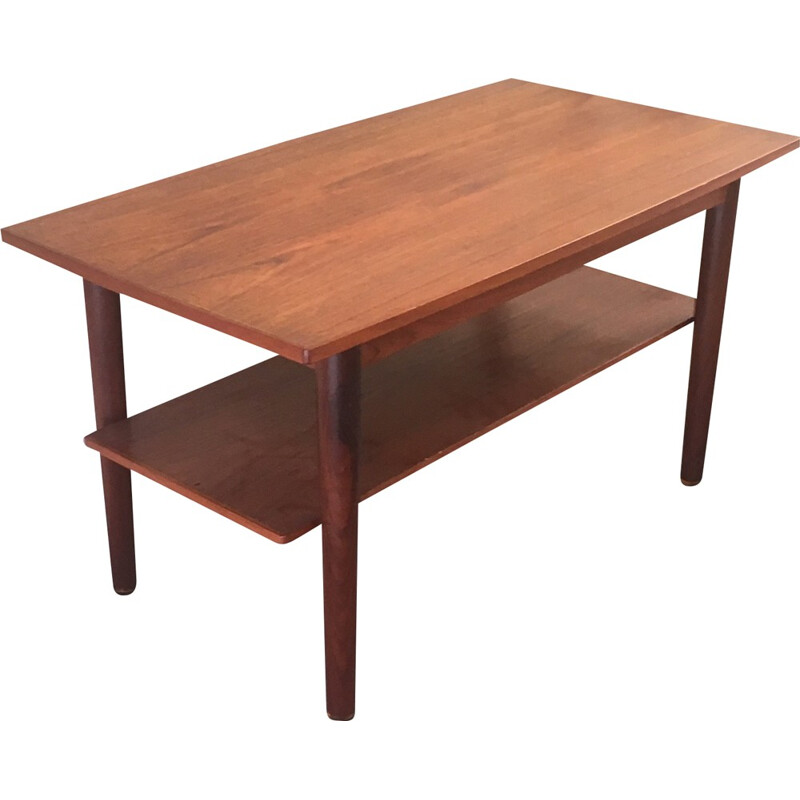 Vintage teak coffee table with shelf - 1960s