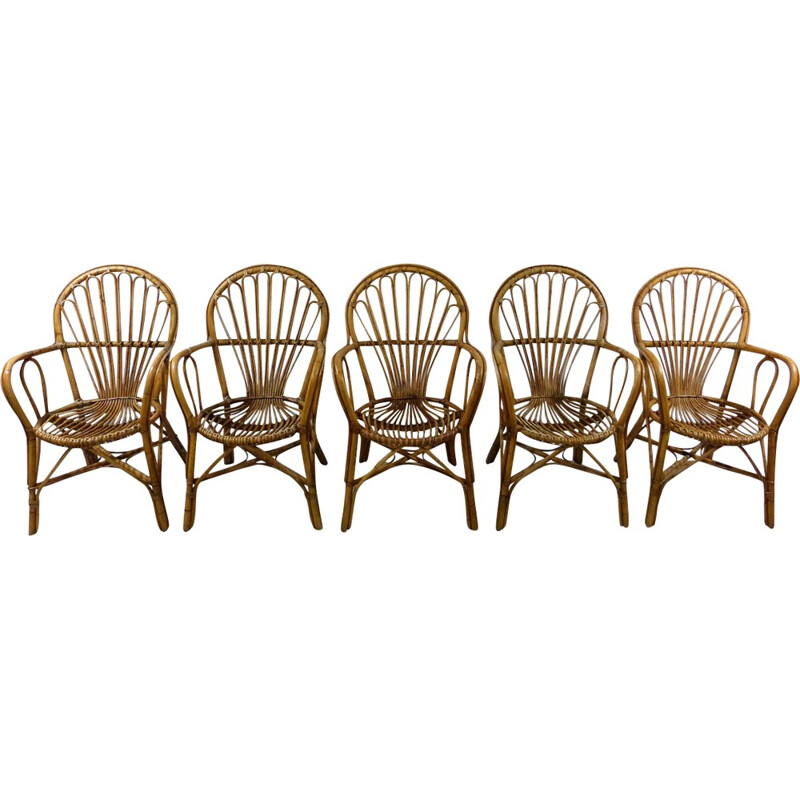 Set of 5 vintage Rattan garden chairs - 1960s