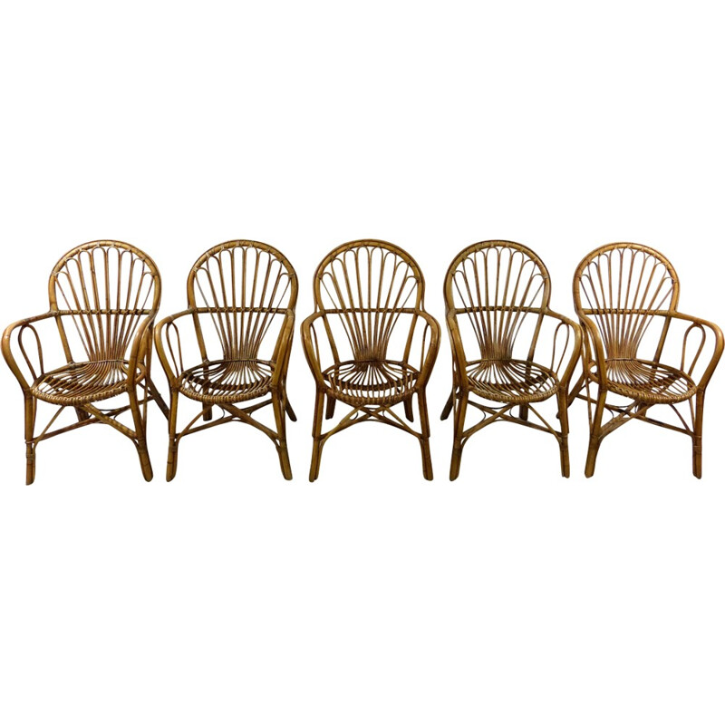 Suite de 5 chaises de jardin vintage en rotin - 1960