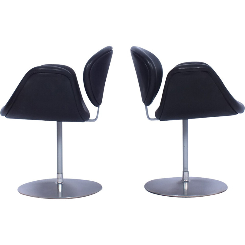 Set of 2 black leather Tulip chairs by Pierre Paulin for Artifort - 1960s