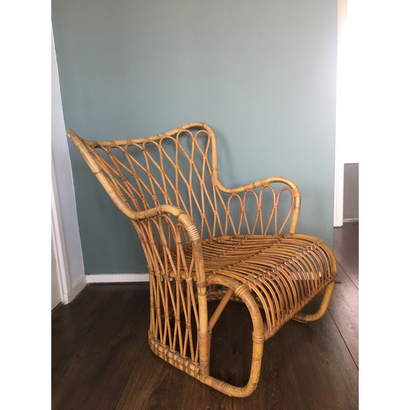 Fauteuil Lounge vintage en Rotin, Suède - 1950