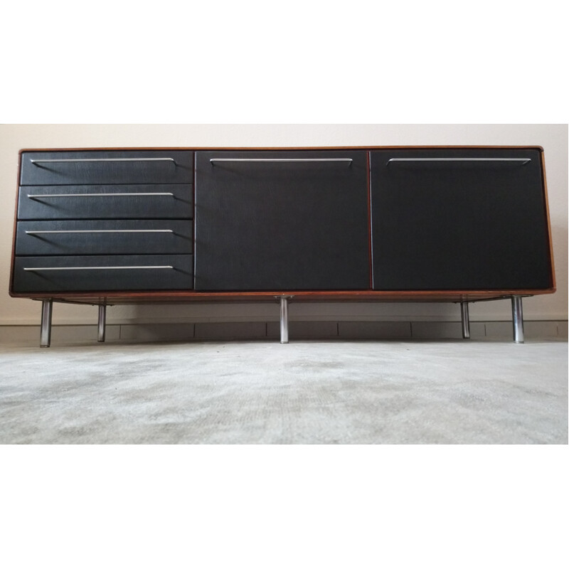 Vintage wooden and leatherette sideboard - 1960s