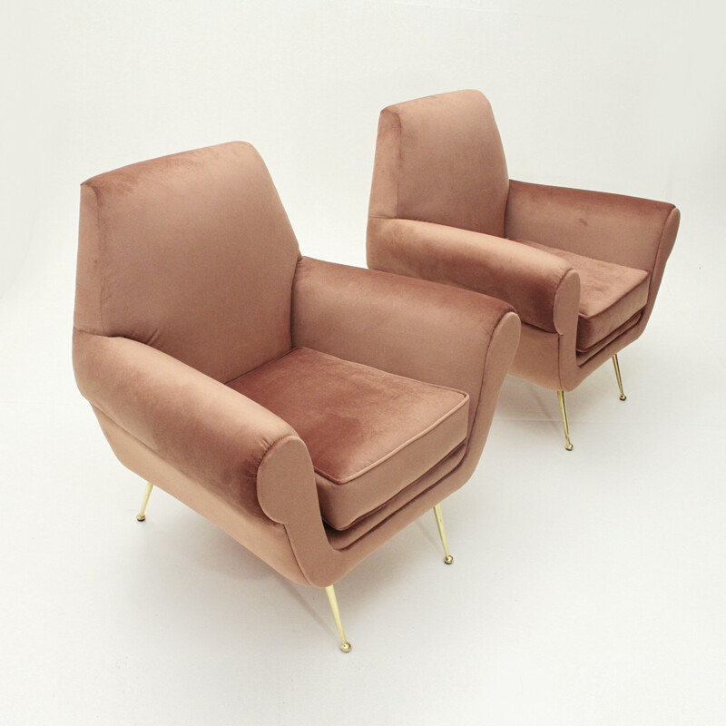 Suite de 2 fauteuils italiens vintage en velours rose - 1950