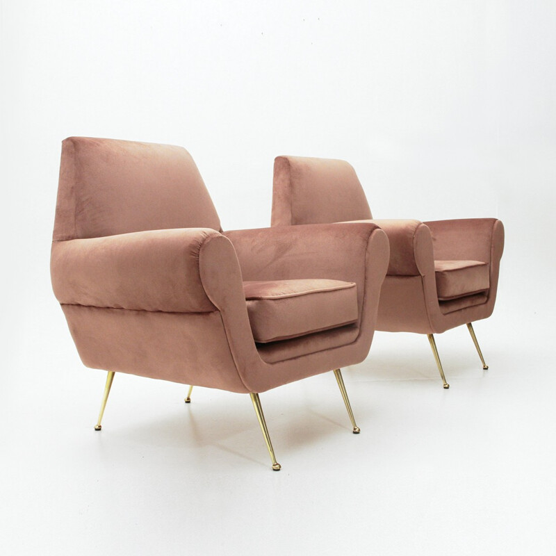 Vintage set of 2 Italian pink velvet armchairs - 1950s