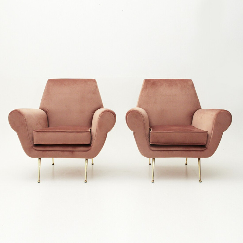 Vintage set of 2 Italian pink velvet armchairs - 1950s