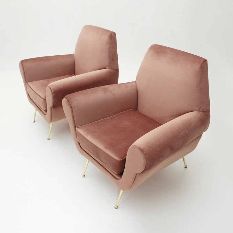 Vintage set of 2 Italian pink velvet armchairs - 1950s