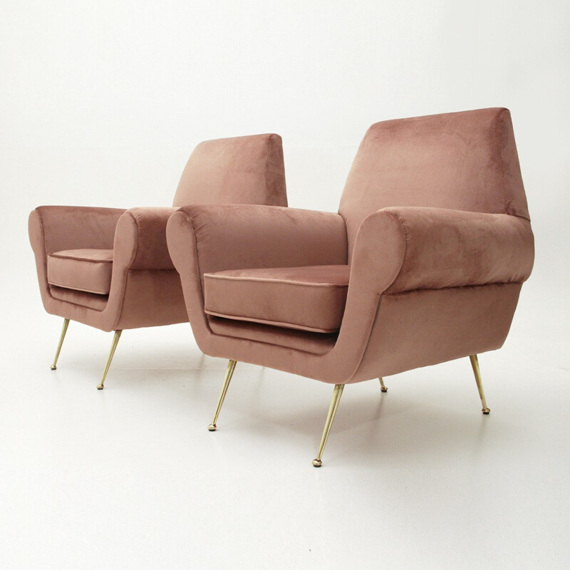 Suite de 2 fauteuils italiens vintage en velours rose - 1950