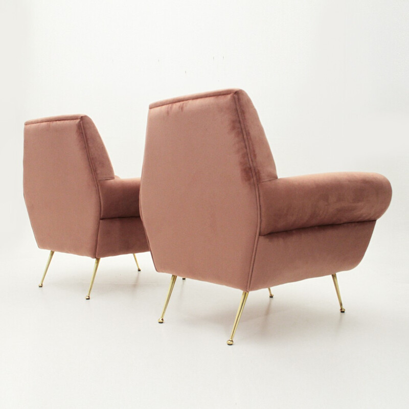 Suite de 2 fauteuils italiens vintage en velours rose - 1950
