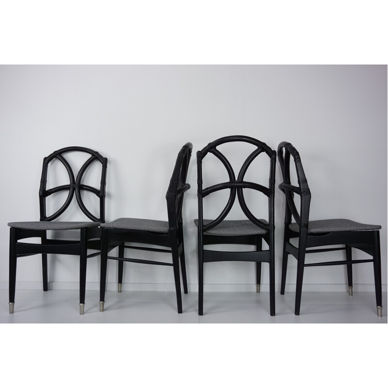 Suite de 4 chaises vintage en bois, cuir et rotin - 1960