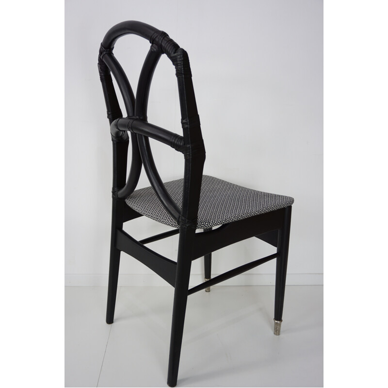 Suite de 4 chaises vintage en bois, cuir et rotin - 1960