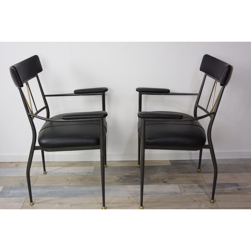 Vintage set of 4 armchairs in metal and leather - 1980s