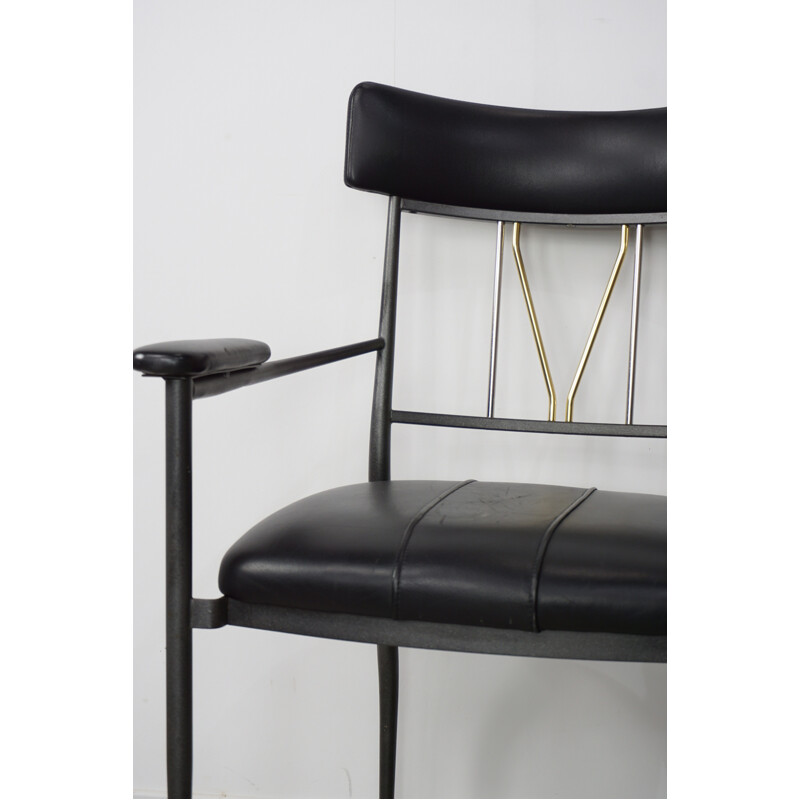 Suite de 4 fauteuils vintage en métal et cuir - 1980
