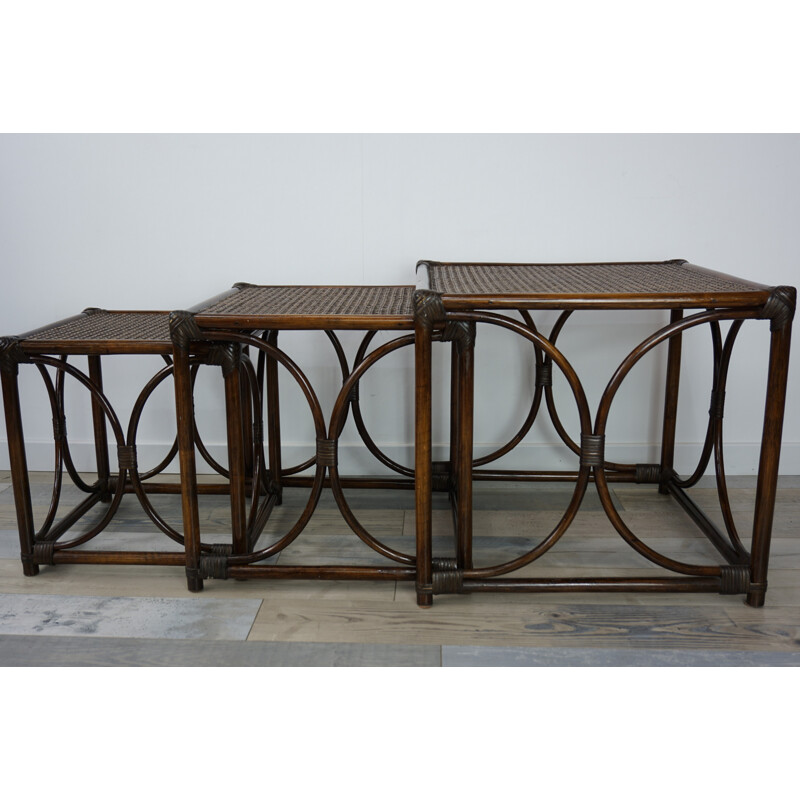 Vintage set of nesting tables in rattan and cane - 1960s