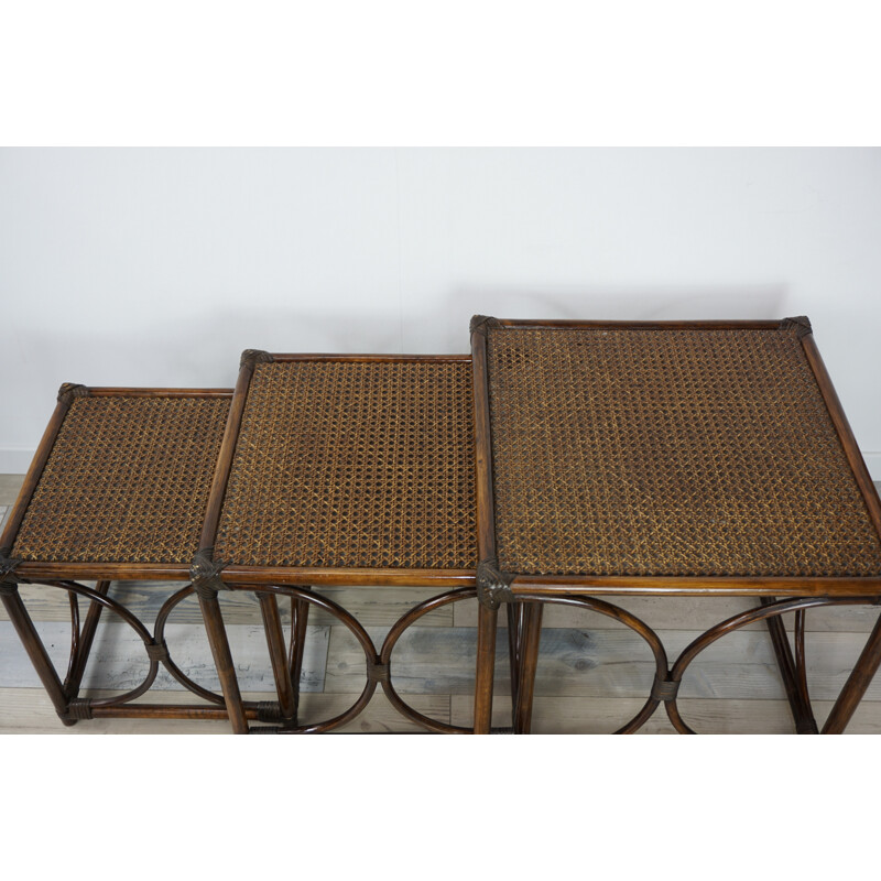 Set de tables gigognes vintage en rotin et cannage - 1960