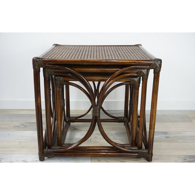 Vintage set of nesting tables in rattan and cane - 1960s