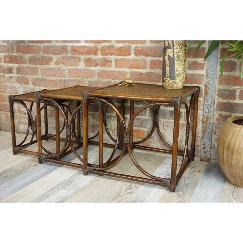 Set de tables gigognes vintage en rotin et cannage - 1960