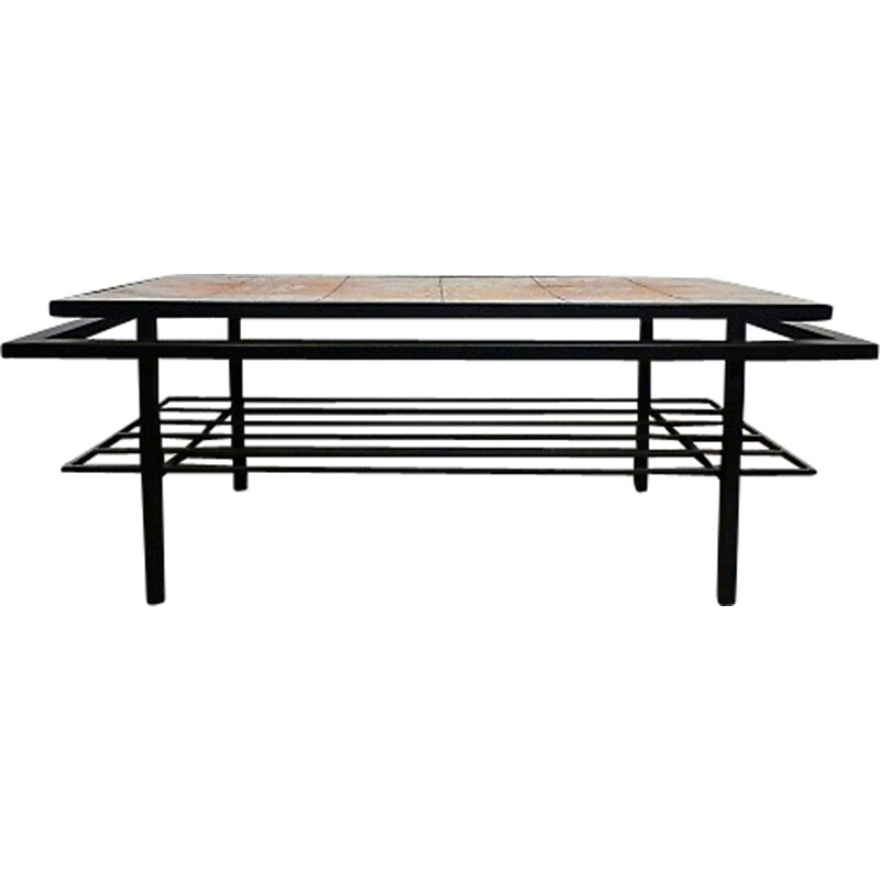 Vintage black coffee table in metal and ceramic - 1970s