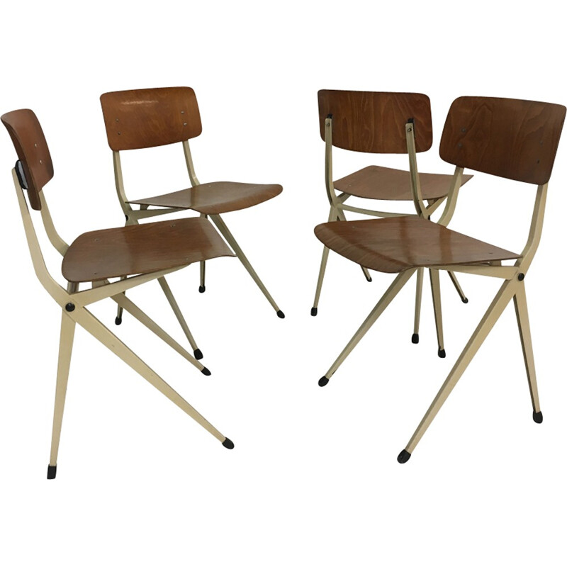 Suite de 4 chaises vintage Industrielles en Acier et en Bois de Marko - 1960