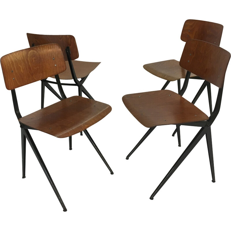 Set of 4 vintage Industrial Steel & Wood Chairs from Marko - 1960s