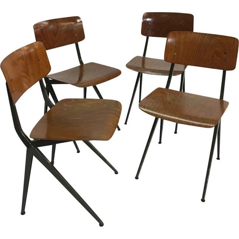 4 black industrial Chairs in steel & wood - 1960s