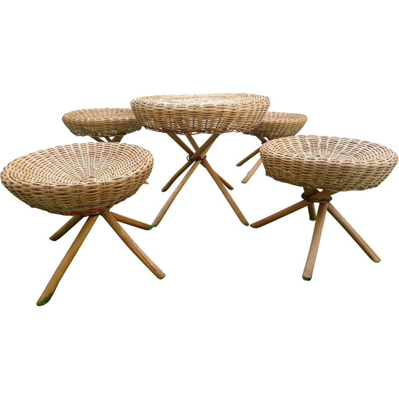 Set of 4 vintage stool and 1 side table in wicker - 1960s