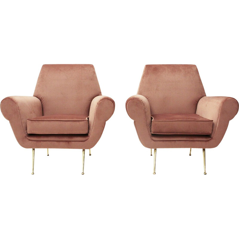 Vintage set of 2 Italian pink velvet armchairs - 1950s