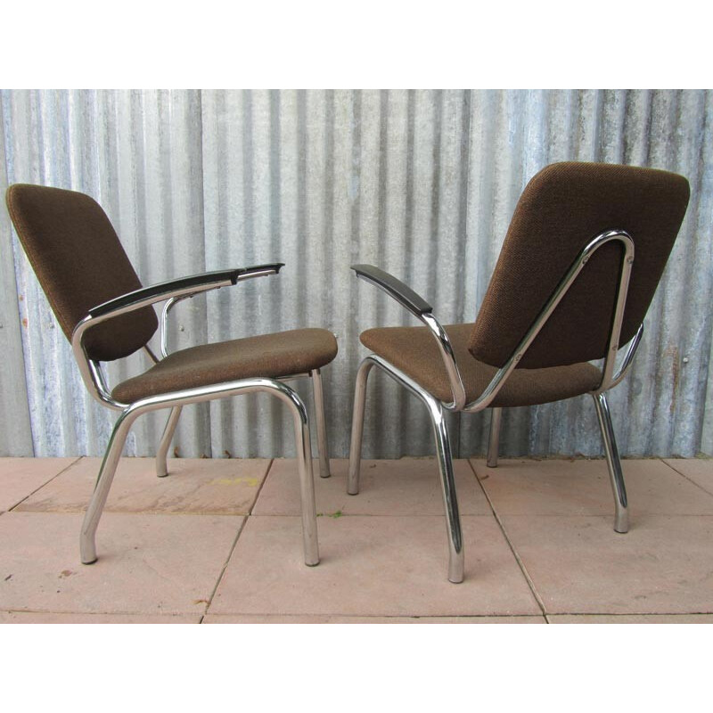 Pair of Gispen armchairs in steel and brown fabric, Martin DE WIT - 1960s