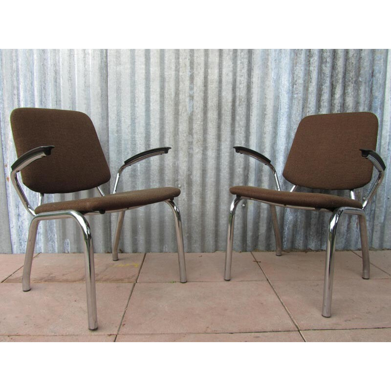 Pair of Gispen armchairs in steel and brown fabric, Martin DE WIT - 1960s