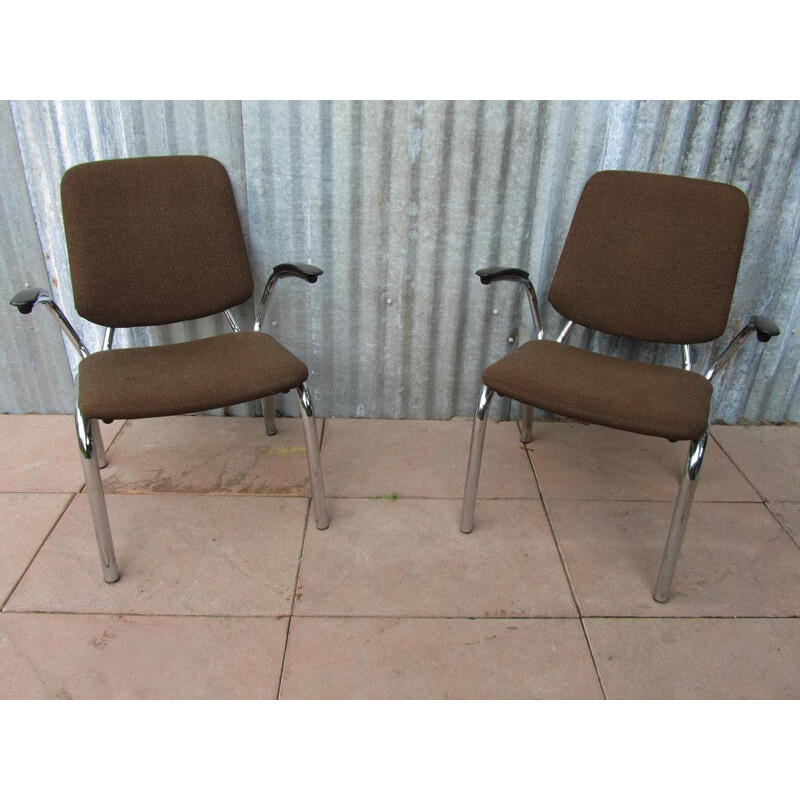 Pair of Gispen armchairs in steel and brown fabric, Martin DE WIT - 1960s