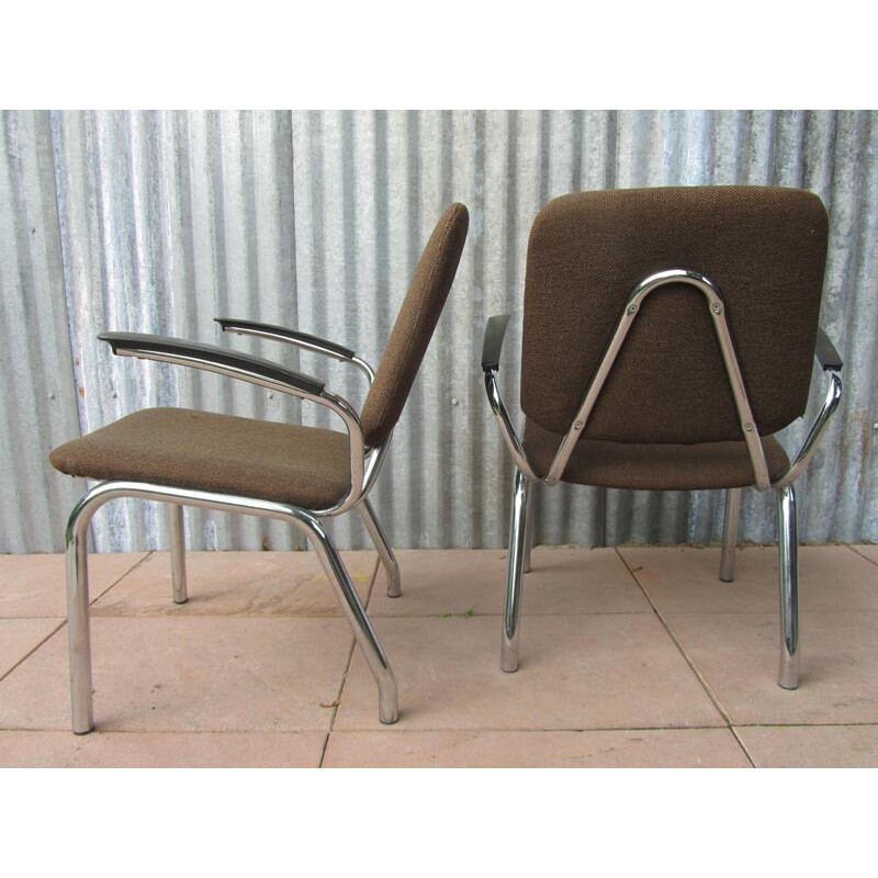 Pair of Gispen armchairs in steel and brown fabric, Martin DE WIT - 1960s