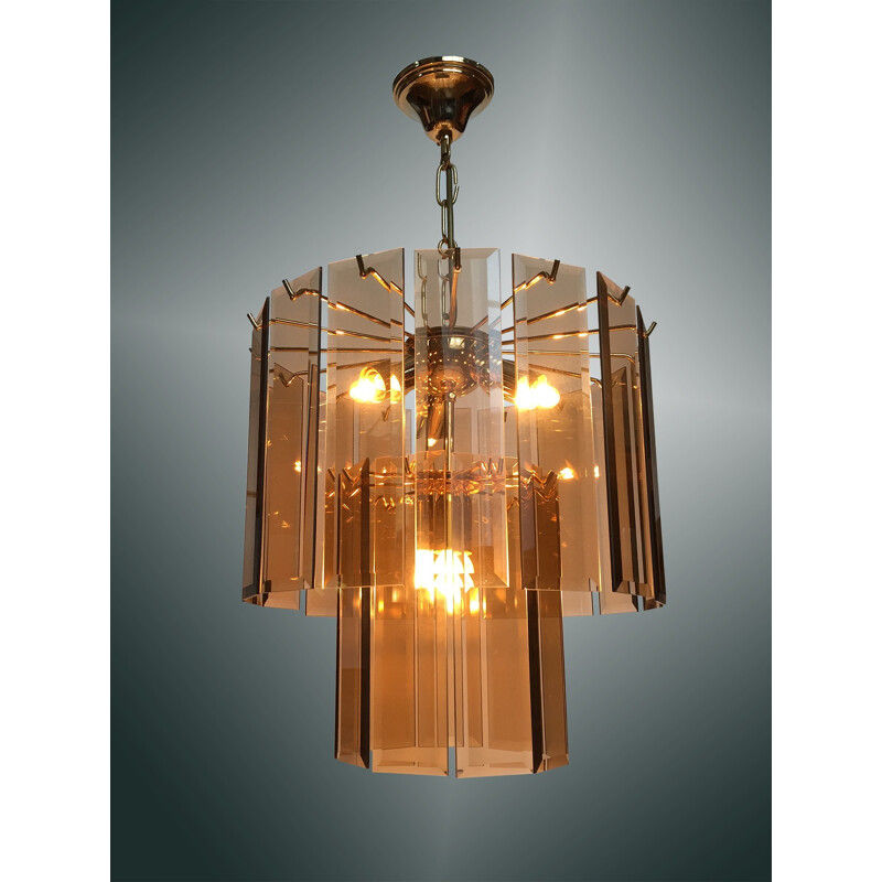 Vintage chandelier amber smoked glass and brass, Italian - 1970s