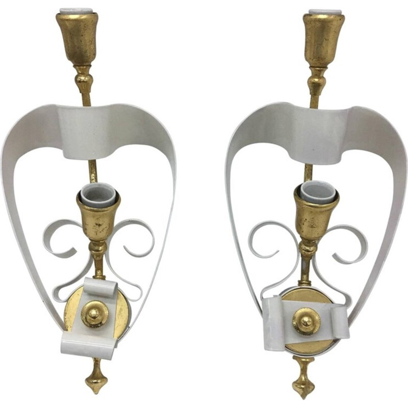 Pair of vintage brass and white wall lamps, 1950