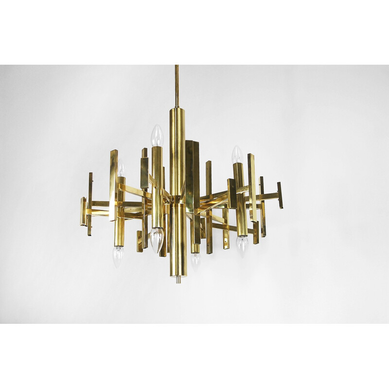 Italian Brass Chandelier with Glass Icicles by Gaetano Sciolari - 1970s