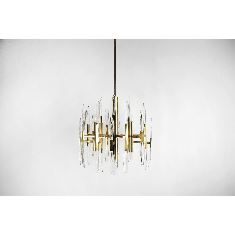 Italian Brass Chandelier with Glass Icicles by Gaetano Sciolari - 1970s