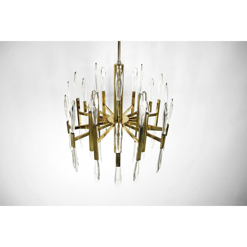 Italian Brass Chandelier with Glass Icicles by Gaetano Sciolari - 1970s