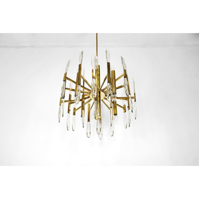 Italian Brass Chandelier with Glass Icicles by Gaetano Sciolari - 1970s