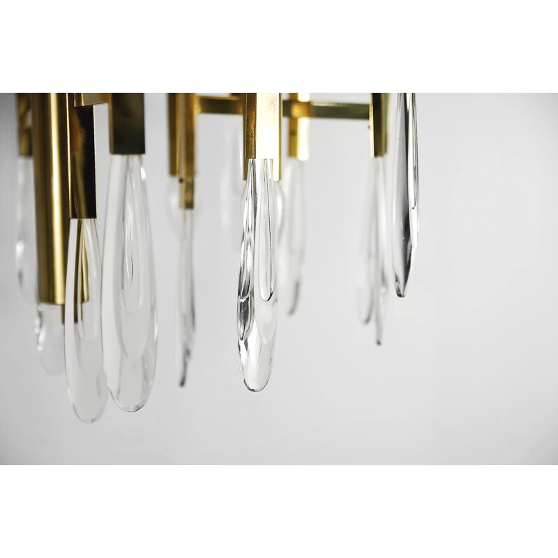 Italian Brass Chandelier with Glass Icicles by Gaetano Sciolari - 1970s