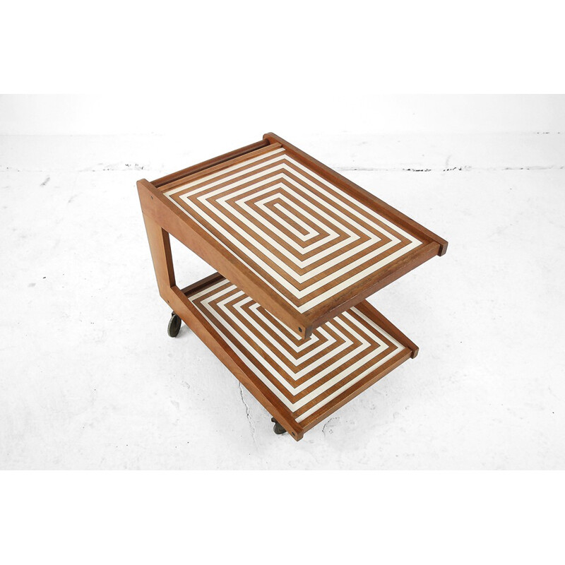 Vintage Bar Cart in teak with Labyrinth Patterns - 1960s