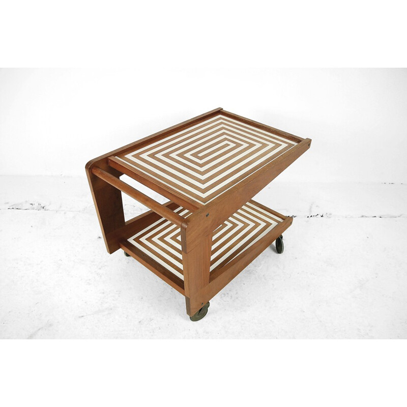 Vintage Bar Cart in teak with Labyrinth Patterns - 1960s