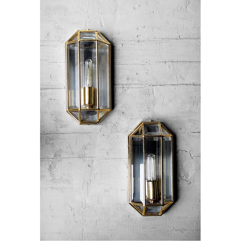 Pair of vintage geometric wall lamps in glass and brass, Italy 1970