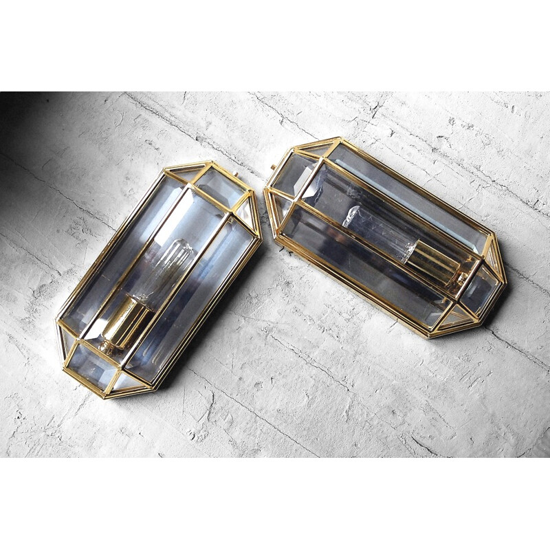 Pair of vintage geometric wall lamps in glass and brass, Italy 1970
