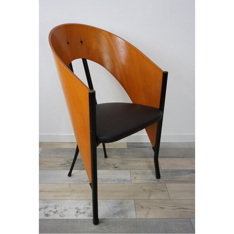 Vintage armchair in wood and black leatherette - 1980s