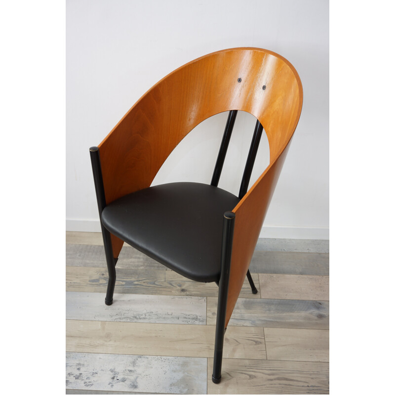 Vintage armchair in wood and black leatherette - 1980s