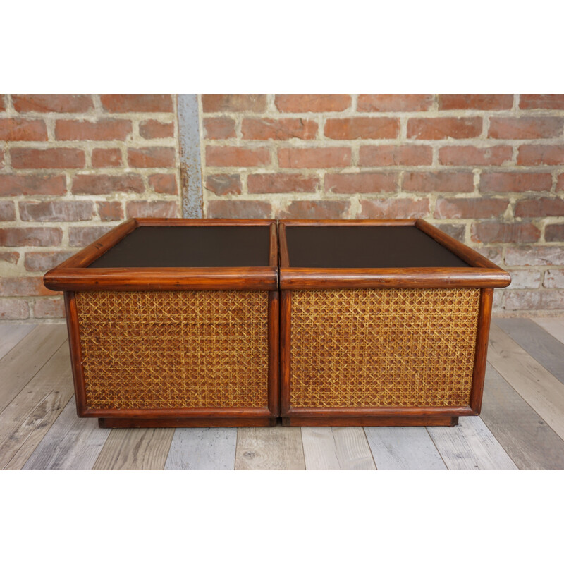Set of 2 french bedside tables in wood, rattan and black leatherette - 1960s