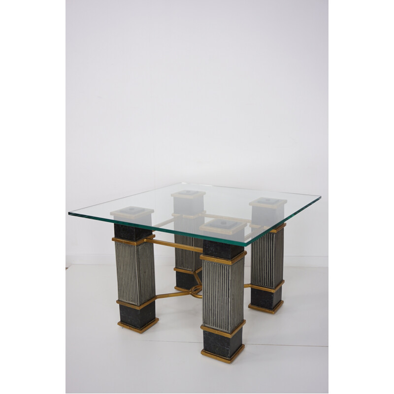 Vintage belgian coffee table in marble, wood, and glass - 1970s