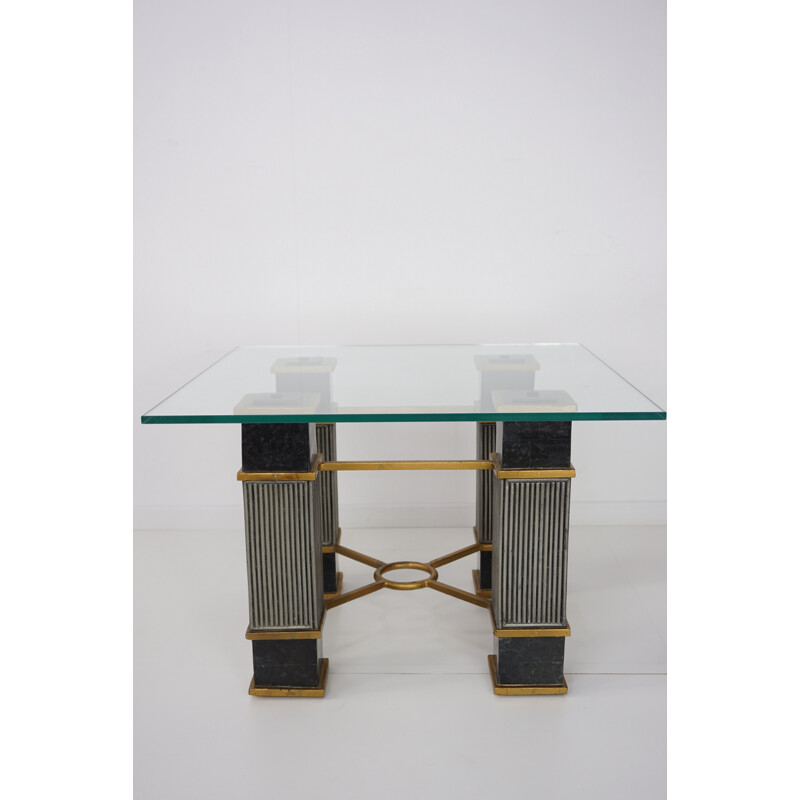 Table basse vintage belge en marbre, bois, et verre - 1970